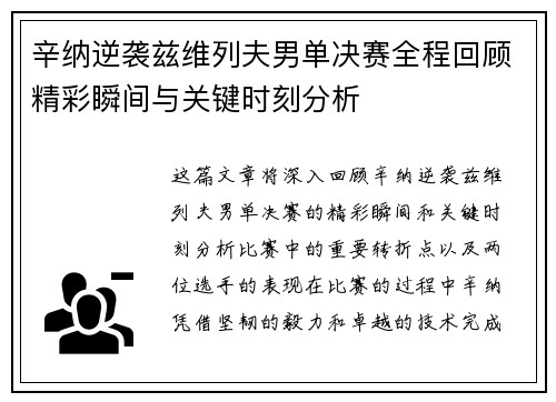 辛纳逆袭兹维列夫男单决赛全程回顾精彩瞬间与关键时刻分析